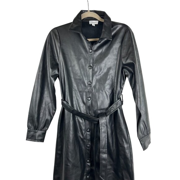 Evereve Small Womens Black Vegan Faux Leather Button Up Midi Dress Trench - Picture 9 of 16